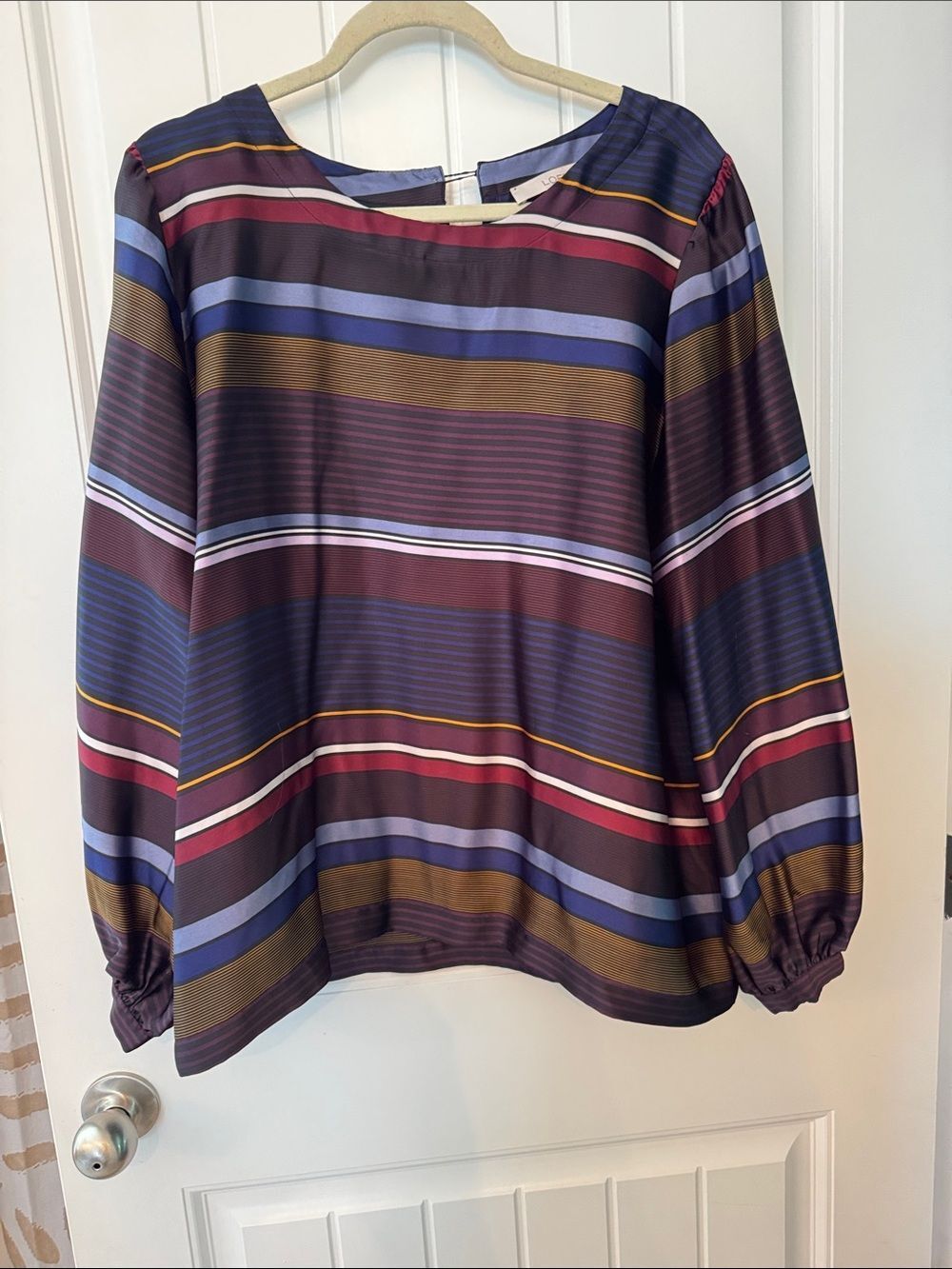 LOFT Striped Long-Sleeve Blouse in Burgundy, Navy & Gold